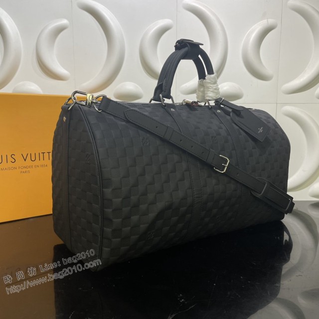 路易威登2021專櫃新款男包 lv男士手袋Damier Infini皮革旅行包 N41145 Keepall50配肩帶旅行袋  ydh4523